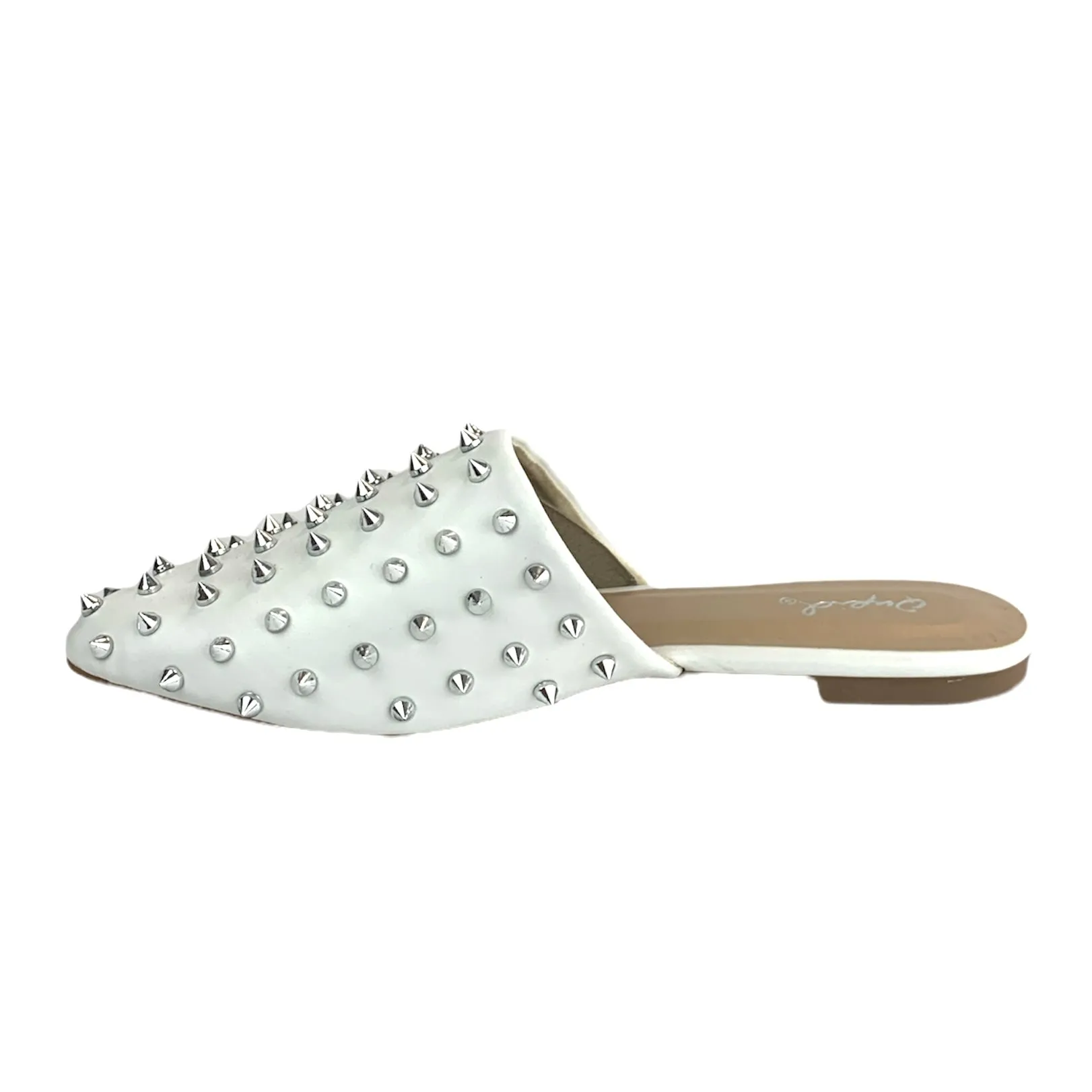 Spike Studded Women's White Flats Pointed Toe Mules