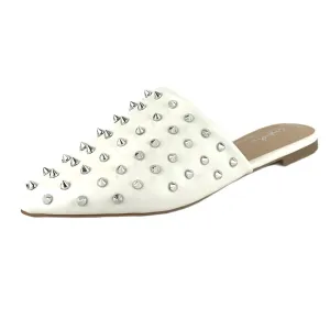 Spike Studded Women's White Flats Pointed Toe Mules