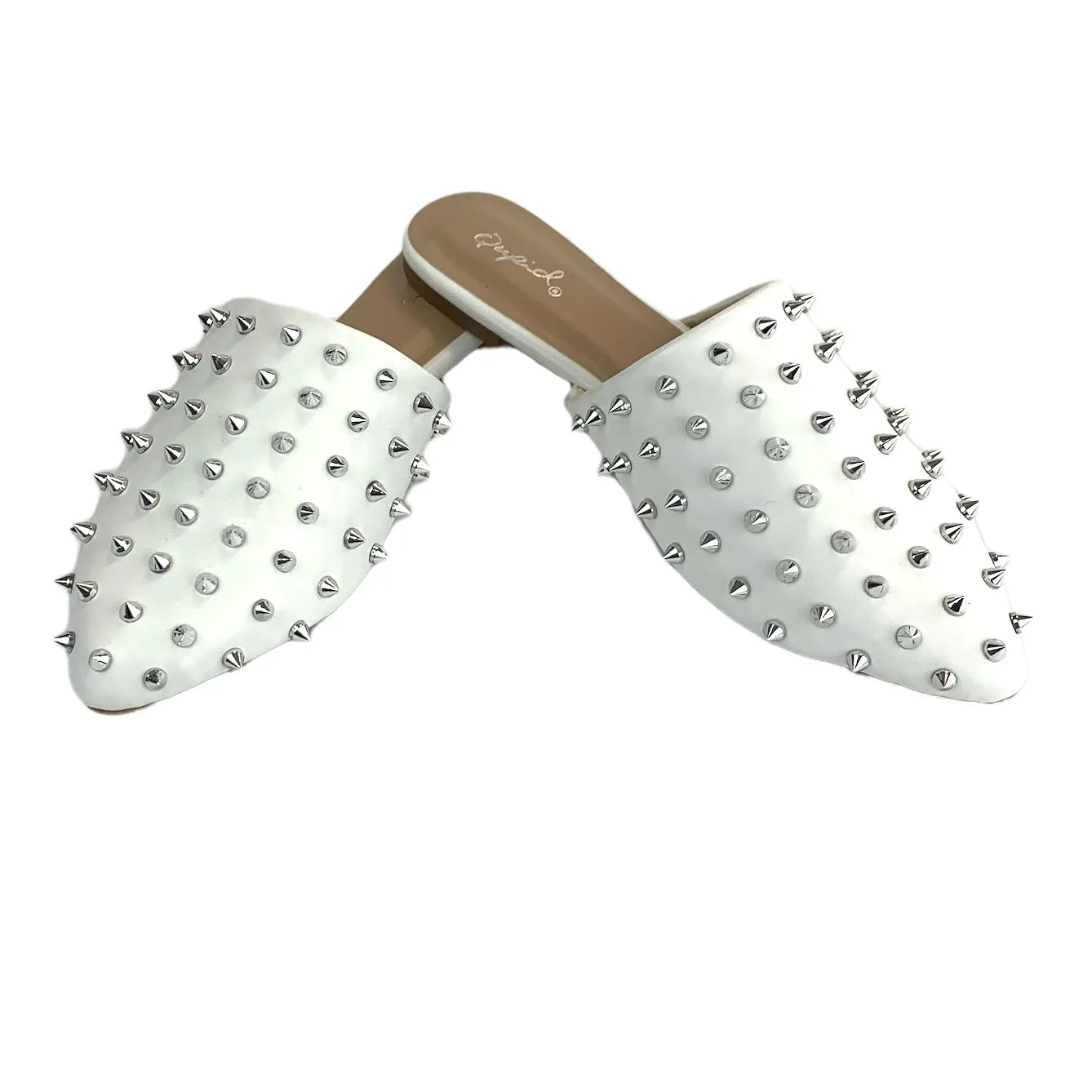 Spike Studded Women's White Flats Pointed Toe Mules