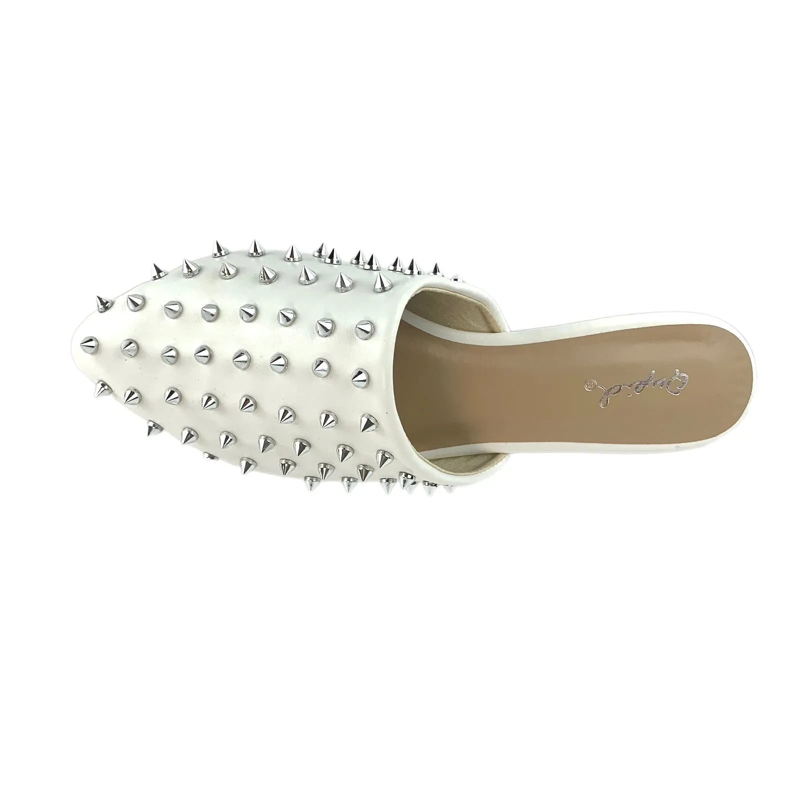 Spike Studded Women's White Flats Pointed Toe Mules