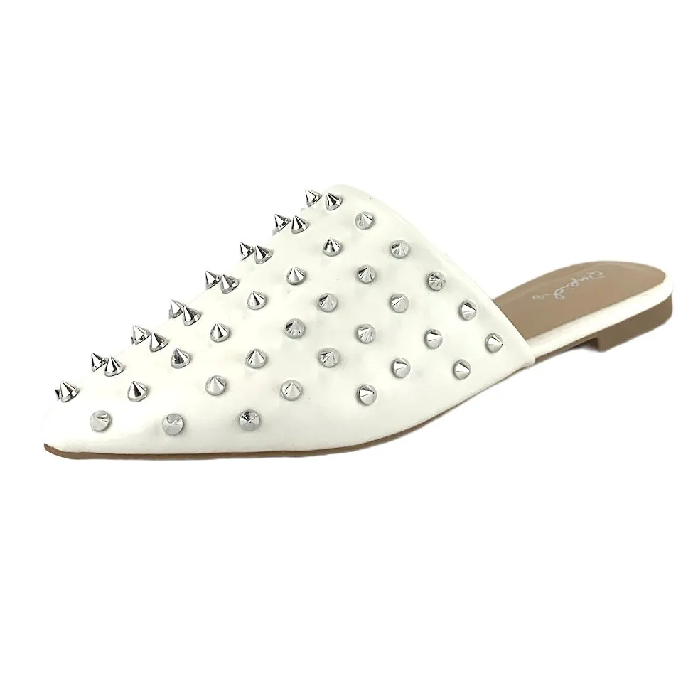 Spike Studded Women's White Flats Pointed Toe Mules