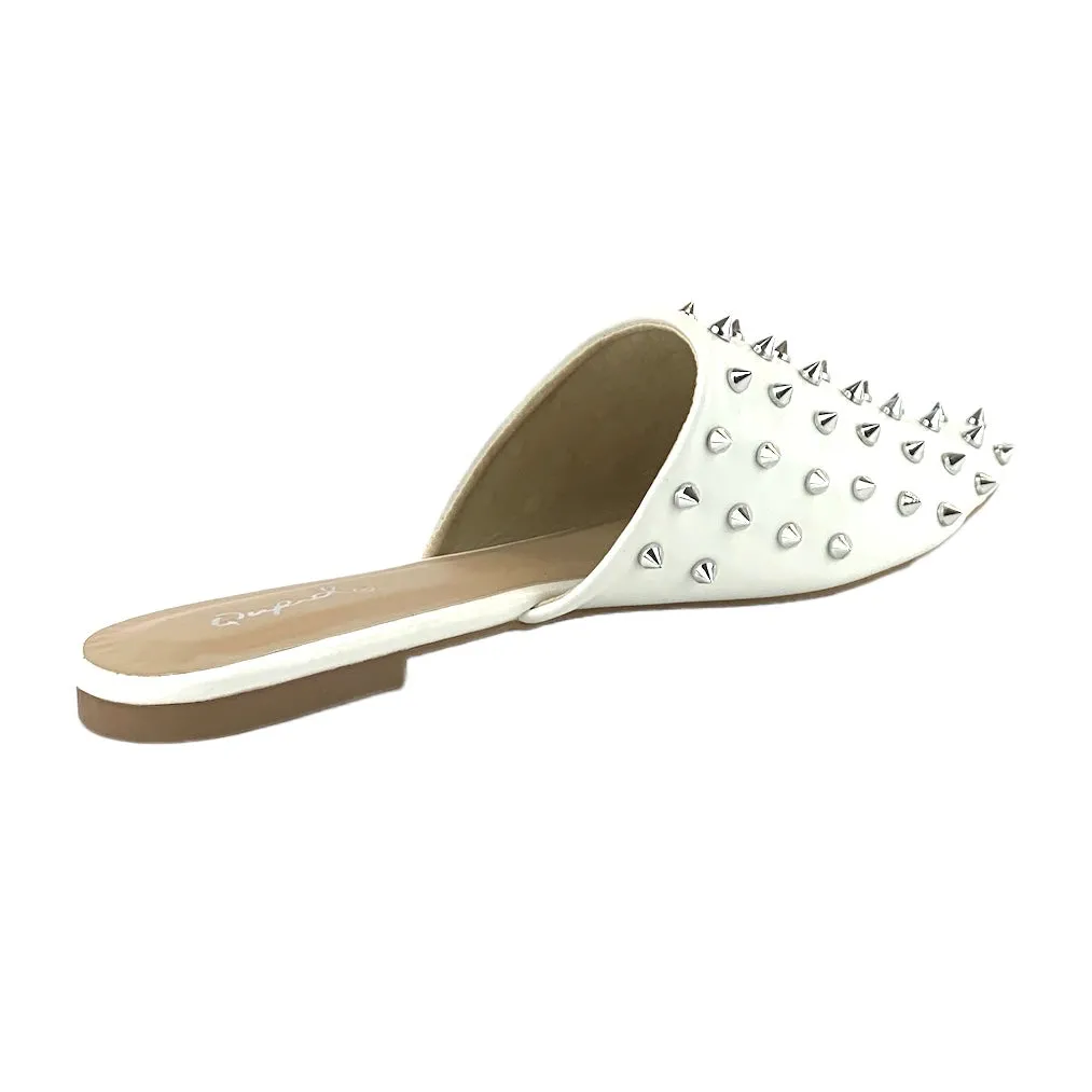 Spike Studded Women's White Flats Pointed Toe Mules