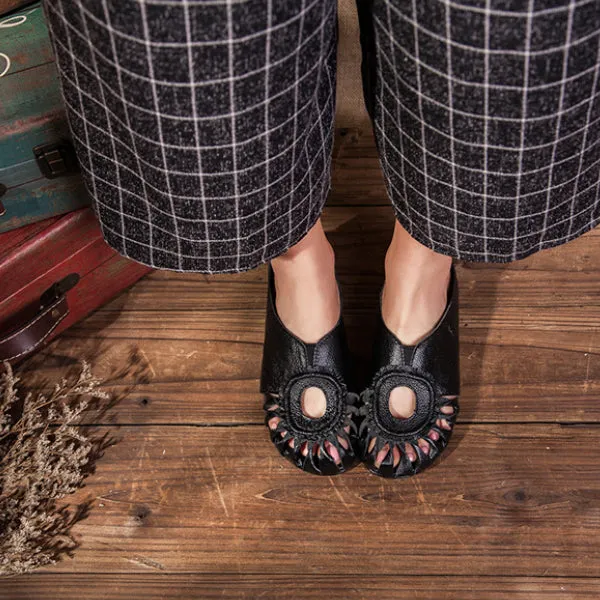 Spring and Summer Leather Hollow Casual Shoes Flat Slippers Handmade Women's Shoes