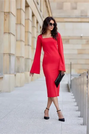 Square Neckline Flared Sleeve Midi Dress