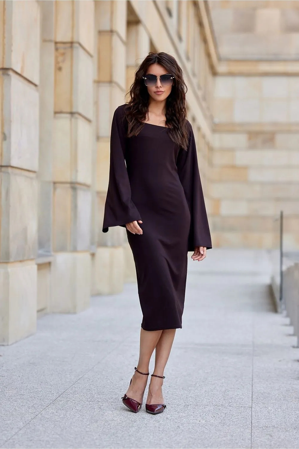 Square Neckline Flared Sleeve Midi Dress