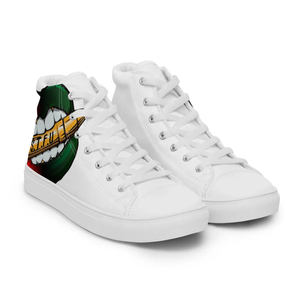STFU Afrocentric Logo Women’s High Top Canvas Shoes - White