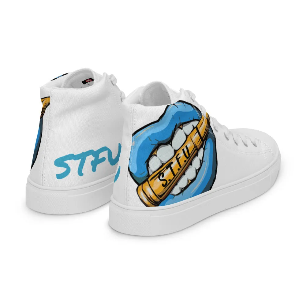 STFU Ice Blue Logo Women’s High Top Canvas Shoes - White