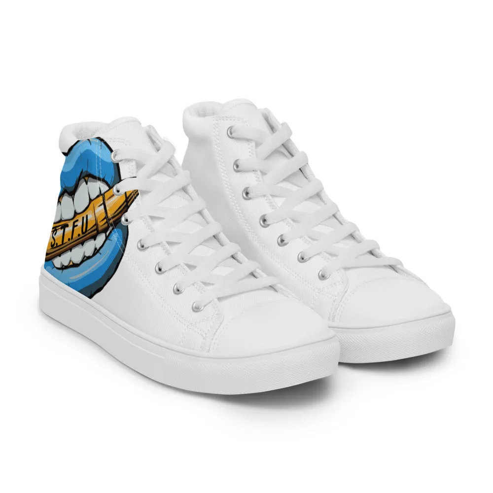 STFU Ice Blue Logo Women’s High Top Canvas Shoes - White