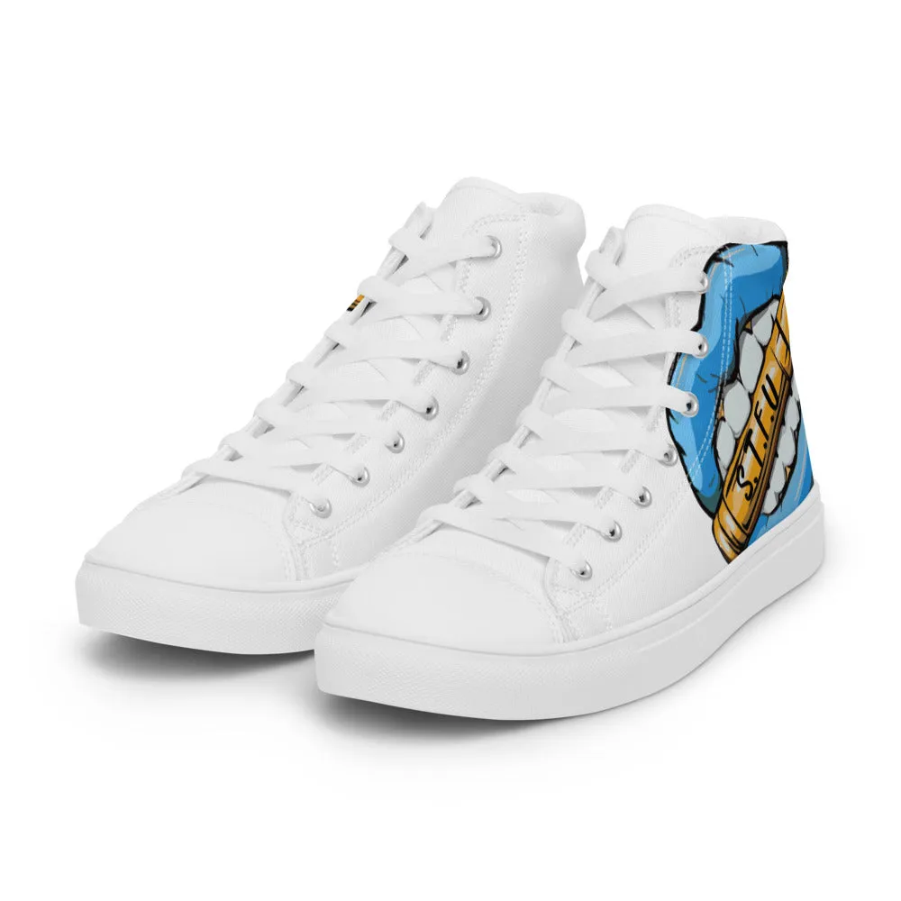 STFU Ice Blue Logo Women’s High Top Canvas Shoes - White