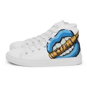 STFU Ice Blue Logo Women’s High Top Canvas Shoes - White
