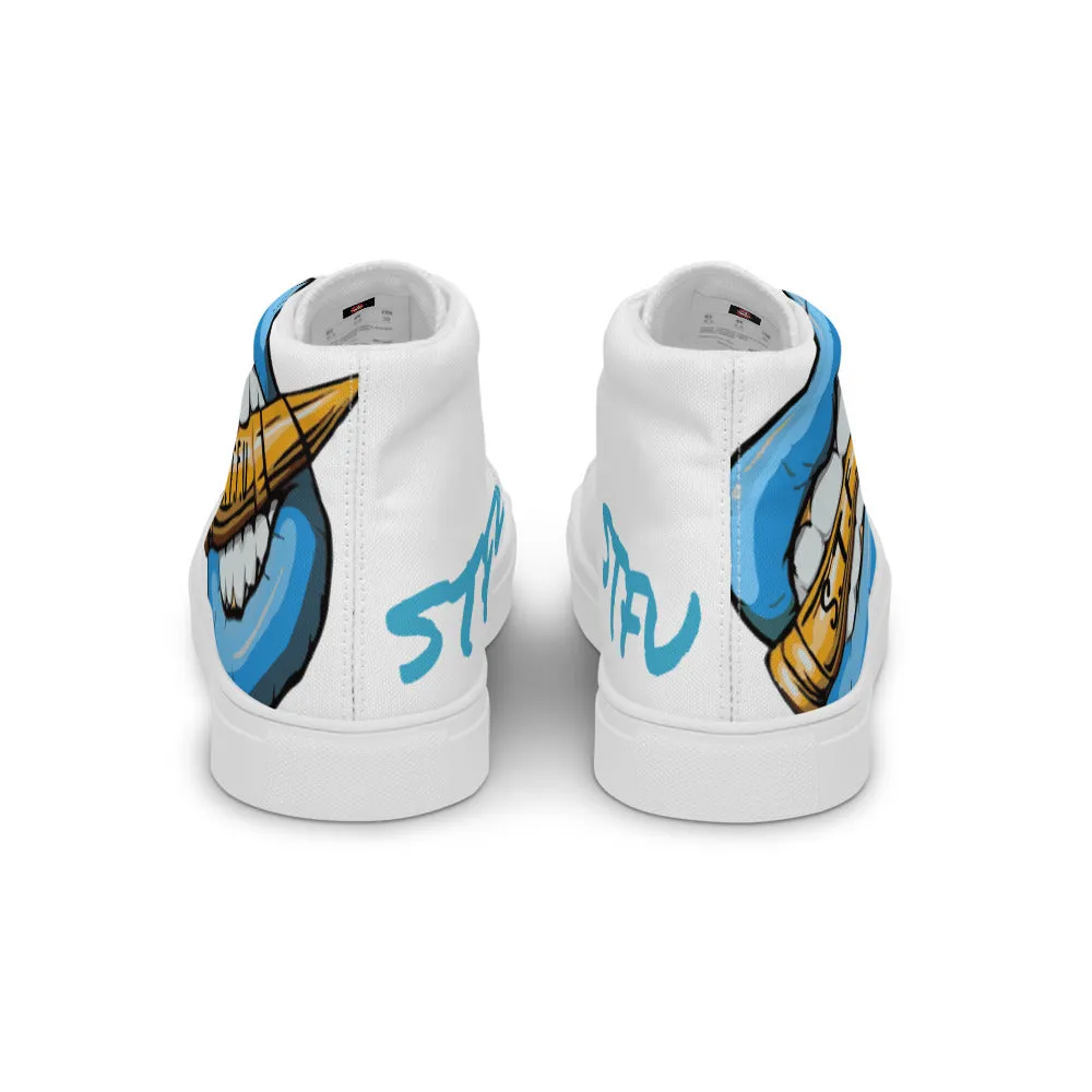 STFU Ice Blue Logo Women’s High Top Canvas Shoes - White