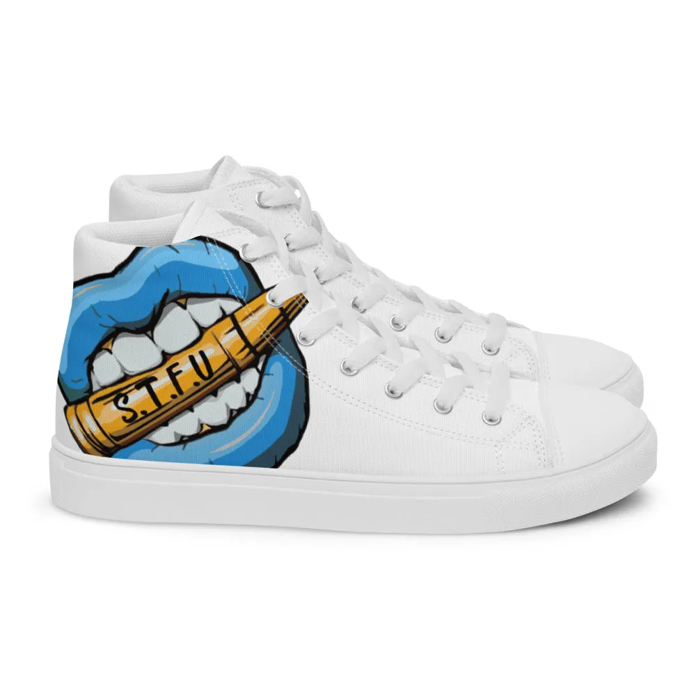 STFU Ice Blue Logo Women’s High Top Canvas Shoes - White