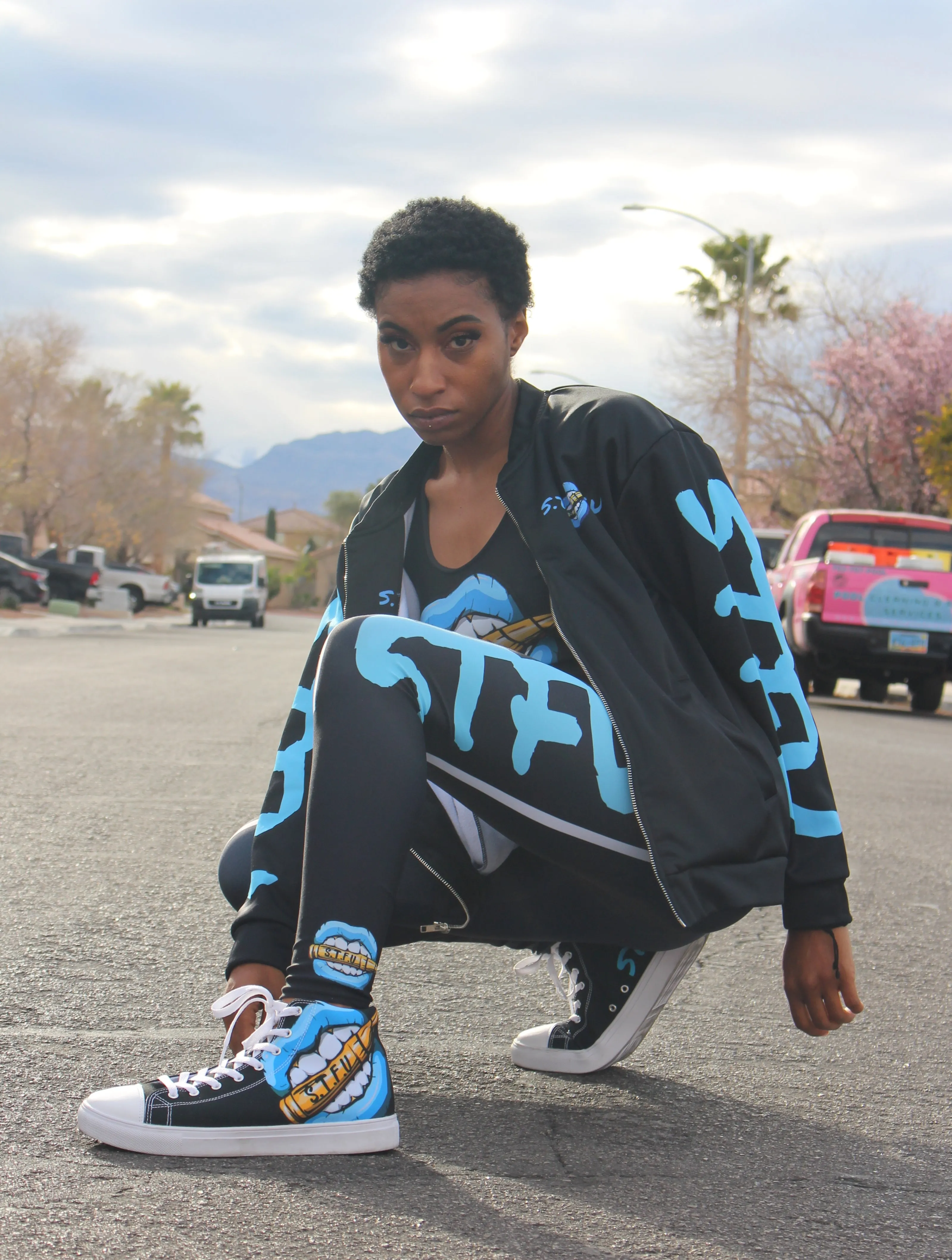 STFU Ice Blue Logo Women’s High Top Canvas Shoes