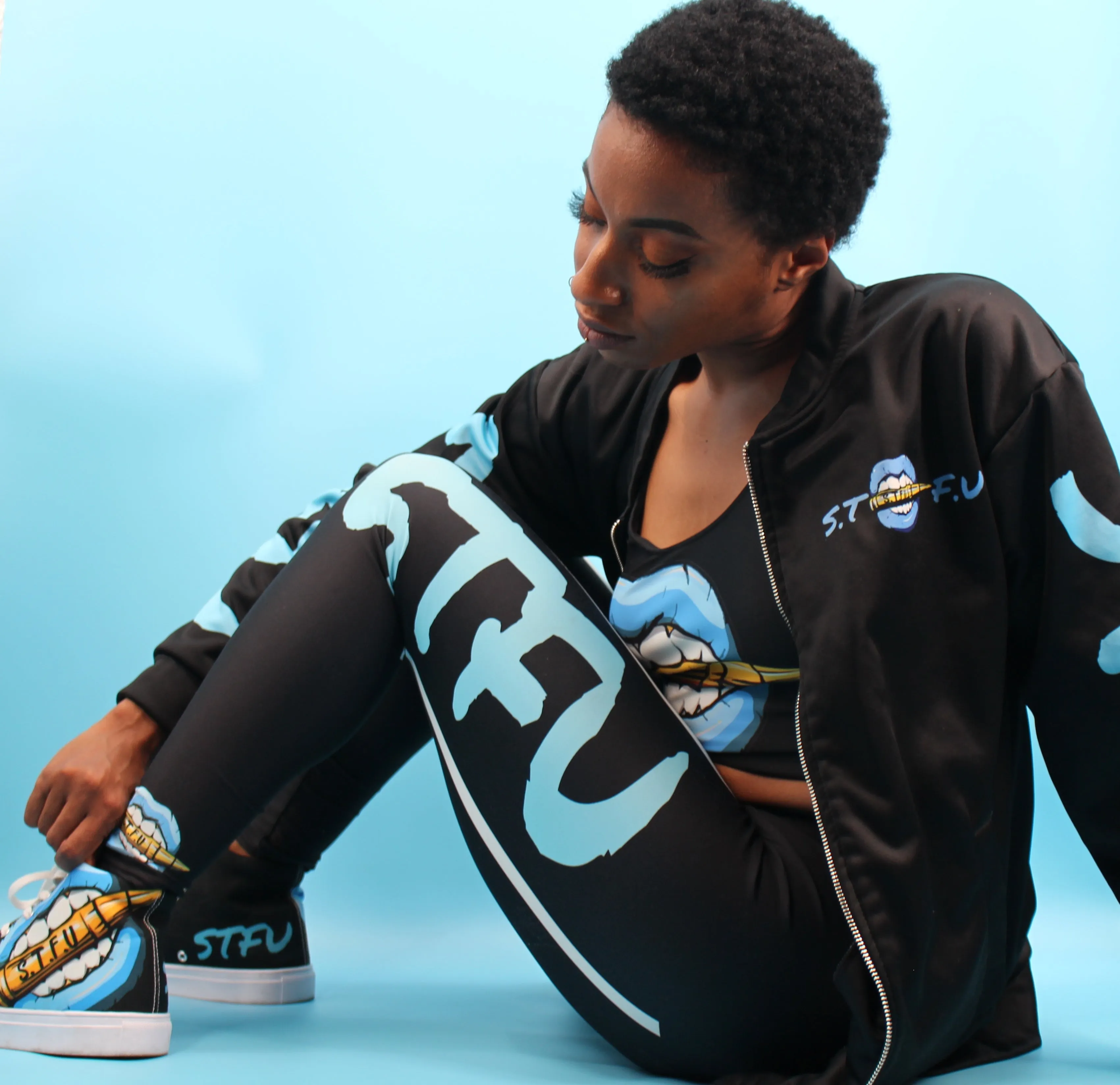 STFU Ice Blue Logo Women’s High Top Canvas Shoes