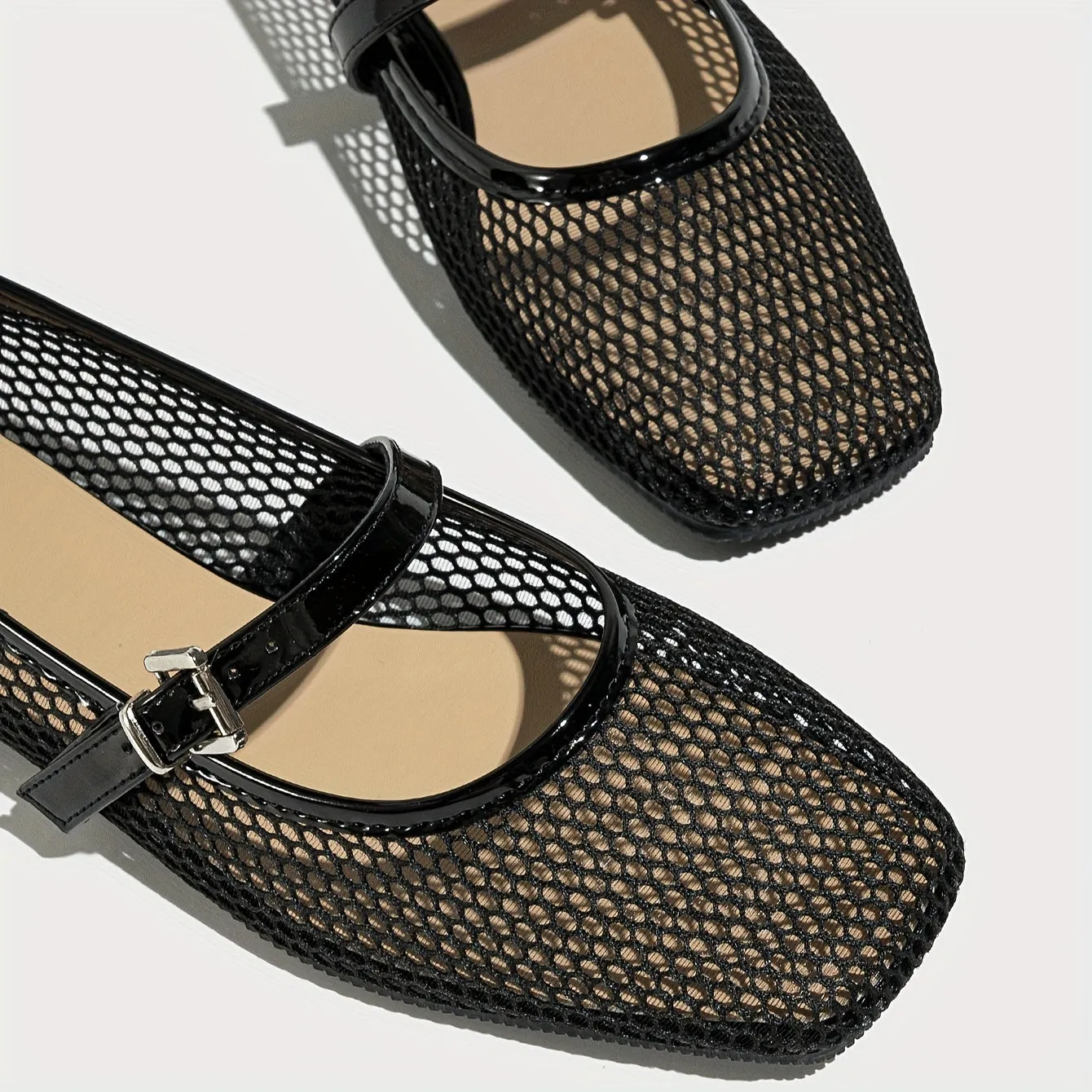Stylish Womens Breathable Mesh Square Toe Mary Jane Flats - Soft Faux Leather Upper, Comfortable TPR Sole, Slip-on Design - Perfect for Summer and All-Season Wear
