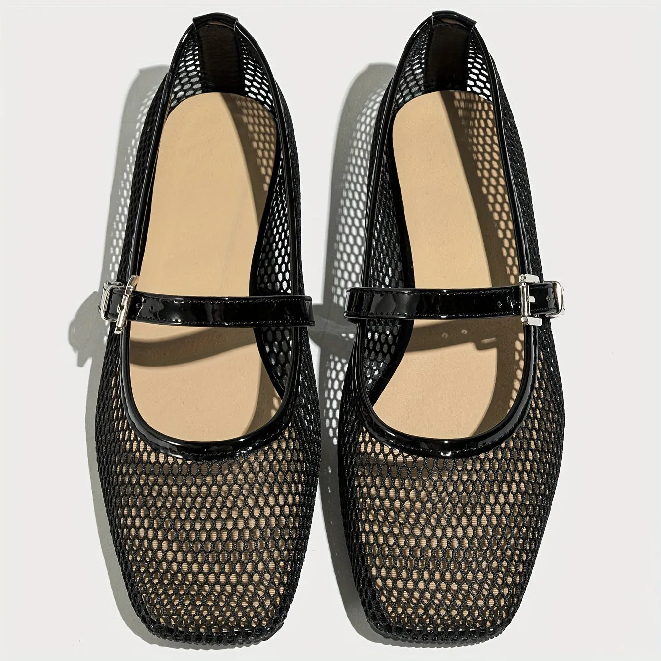 Stylish Womens Breathable Mesh Square Toe Mary Jane Flats - Soft Faux Leather Upper, Comfortable TPR Sole, Slip-on Design - Perfect for Summer and All-Season Wear