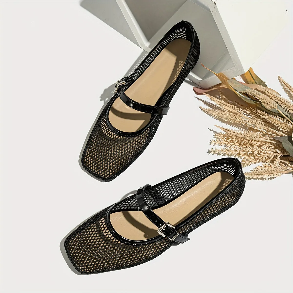 Stylish Womens Breathable Mesh Square Toe Mary Jane Flats - Soft Faux Leather Upper, Comfortable TPR Sole, Slip-on Design - Perfect for Summer and All-Season Wear