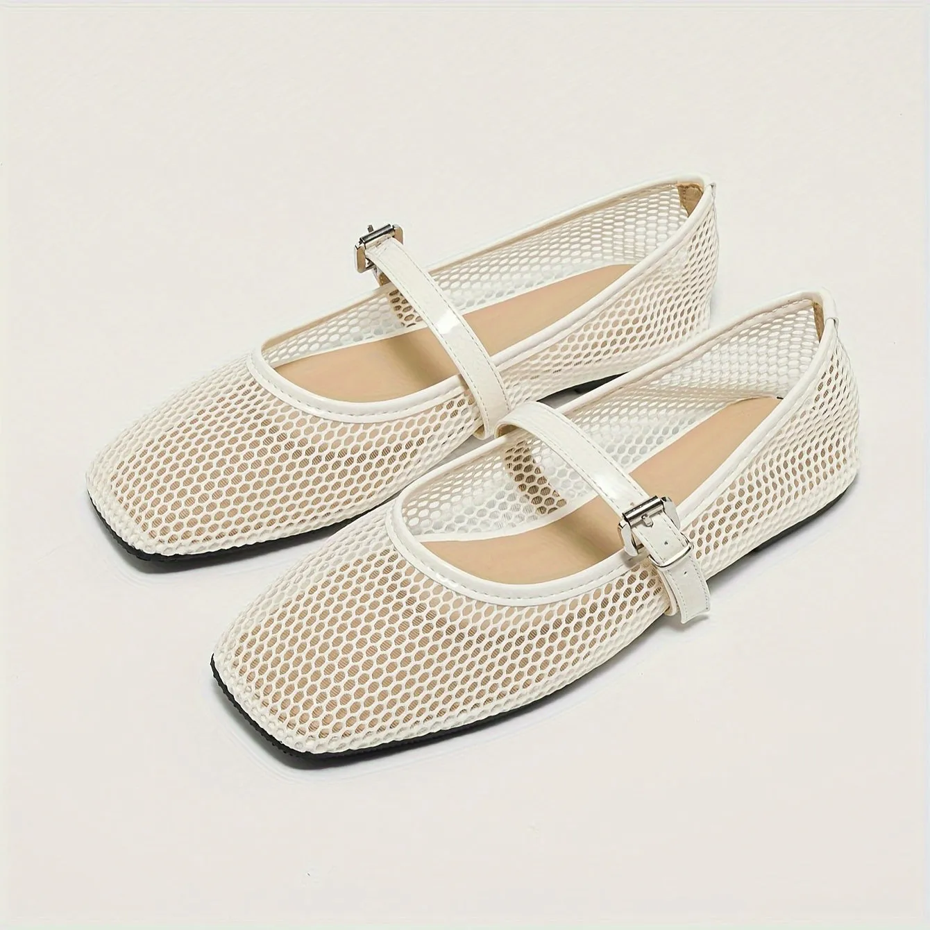 Stylish Womens Breathable Mesh Square Toe Mary Jane Flats - Soft Faux Leather Upper, Comfortable TPR Sole, Slip-on Design - Perfect for Summer and All-Season Wear