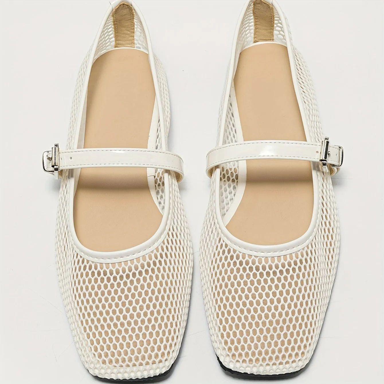 Stylish Womens Breathable Mesh Square Toe Mary Jane Flats - Soft Faux Leather Upper, Comfortable TPR Sole, Slip-on Design - Perfect for Summer and All-Season Wear