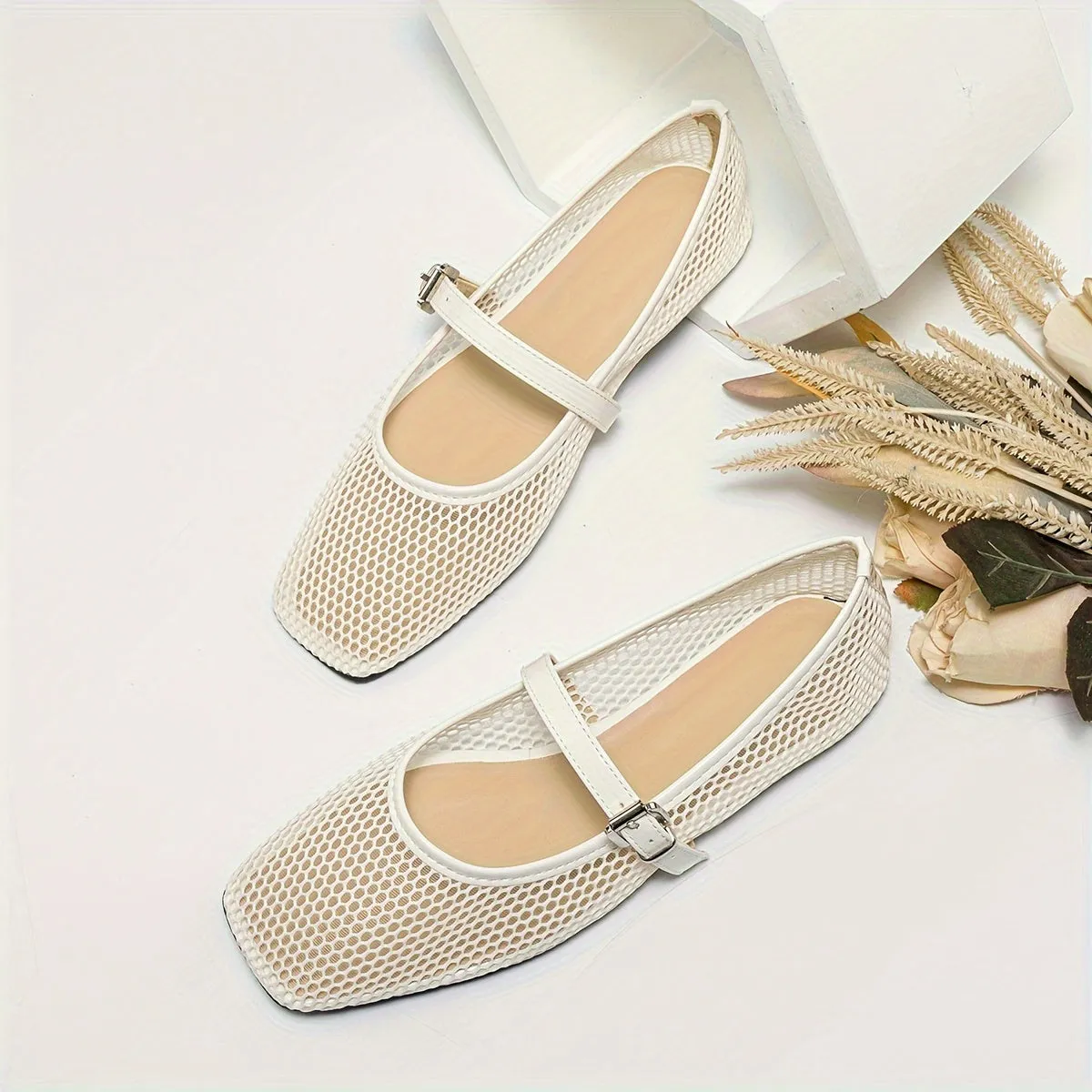 Stylish Womens Breathable Mesh Square Toe Mary Jane Flats - Soft Faux Leather Upper, Comfortable TPR Sole, Slip-on Design - Perfect for Summer and All-Season Wear
