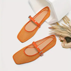 Stylish Womens Breathable Mesh Square Toe Mary Jane Flats - Soft Faux Leather Upper, Comfortable TPR Sole, Slip-on Design - Perfect for Summer and All-Season Wear