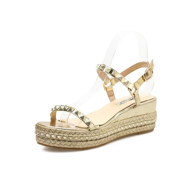 Summer Casual Glitter Wedge 6cm High Heel Sandals Bling Studded Sandals Open Toe Silver Gold Heels Bling Platform Rivets Sandals