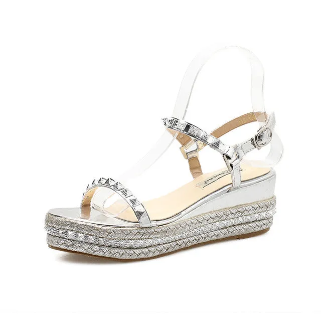 Summer Casual Glitter Wedge 6cm High Heel Sandals Bling Studded Sandals Open Toe Silver Gold Heels Bling Platform Rivets Sandals