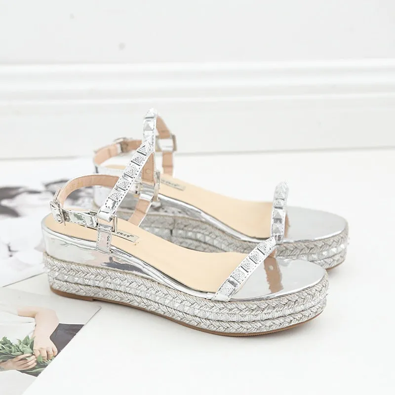 Summer Casual Glitter Wedge 6cm High Heel Sandals Bling Studded Sandals Open Toe Silver Gold Heels Bling Platform Rivets Sandals