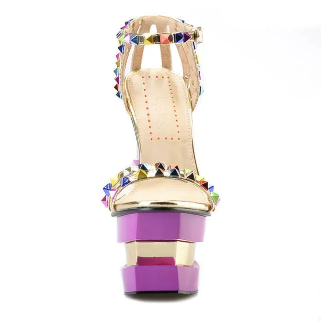 Summer Shoes Women Strange Style High Heels Platform Pink Heels Sandals colored rivet Ankle Strap Party Sandals Sexy