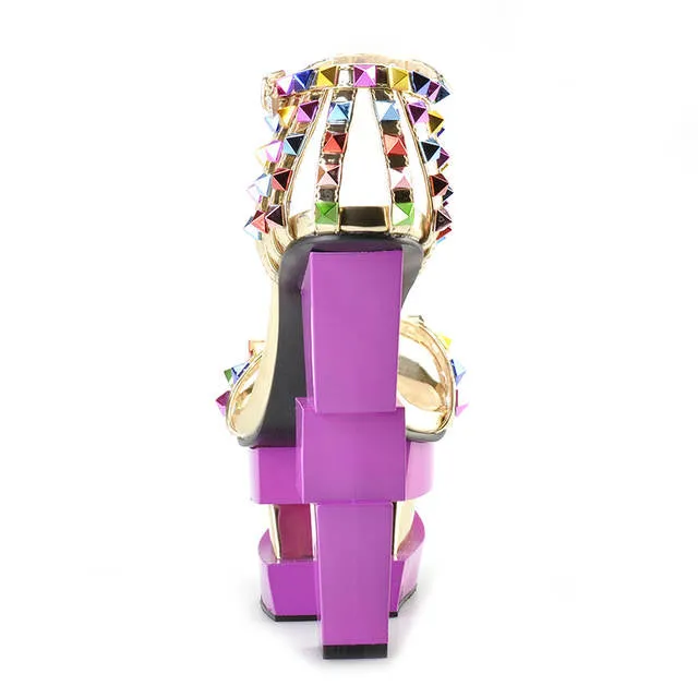 Summer Shoes Women Strange Style High Heels Platform Pink Heels Sandals colored rivet Ankle Strap Party Sandals Sexy