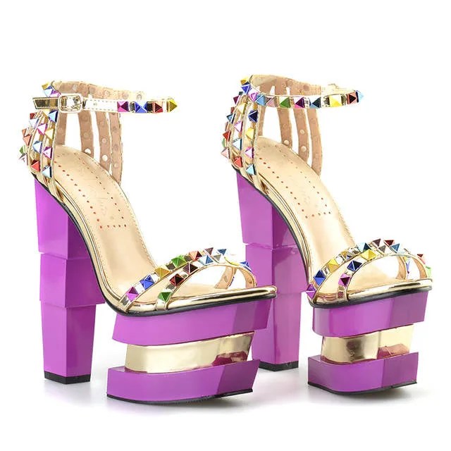 Summer Shoes Women Strange Style High Heels Platform Pink Heels Sandals colored rivet Ankle Strap Party Sandals Sexy