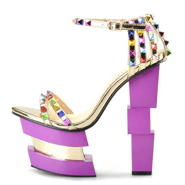 Summer Shoes Women Strange Style High Heels Platform Pink Heels Sandals colored rivet Ankle Strap Party Sandals Sexy