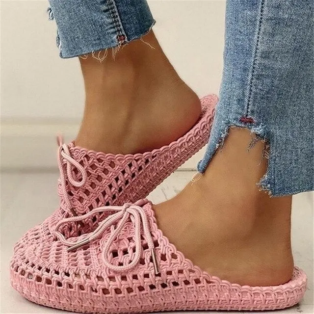 Summer Slippers Shoes Woman 2020 Closed Toe Breathable Flip Flops Women Hollow Out Lace Up PVC Outdoor Flat Beach Slides Sandals