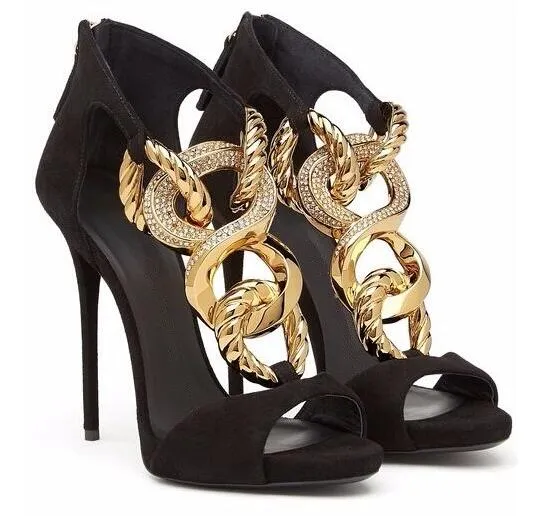 Summer Women Black Suede Peep Toe Gold Metal Chain Sandals Summer Back Zipper Cover Heel Thin Heel Party Shoes 12 cm Heels