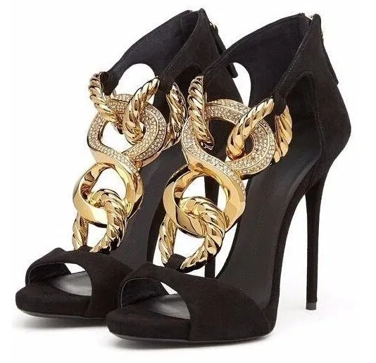 Summer Women Black Suede Peep Toe Gold Metal Chain Sandals Summer Back Zipper Cover Heel Thin Heel Party Shoes 12 cm Heels