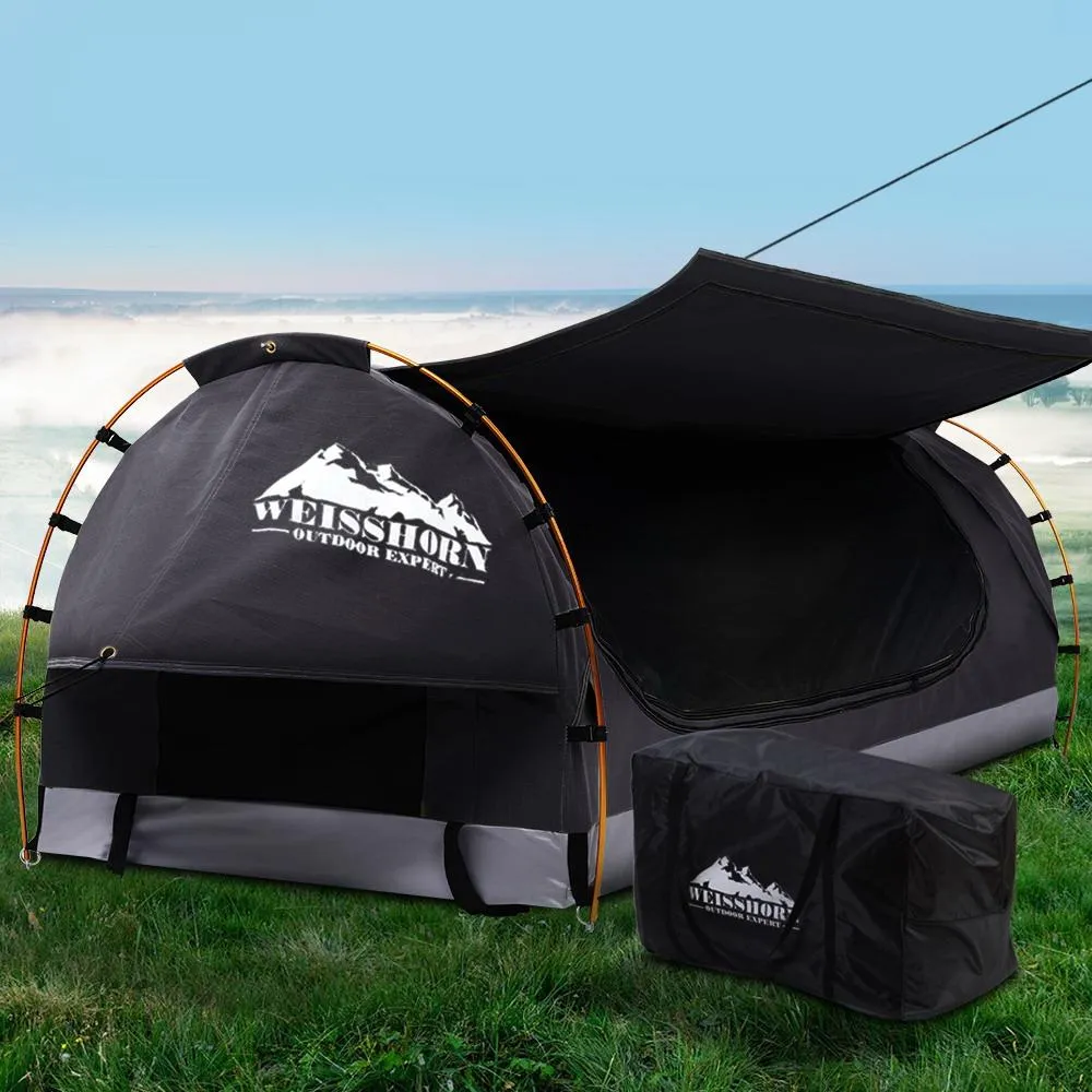 Swag King Single Camping Swags Canvas Free Standing Dome Tent Dark Grey with 7CM Mattress