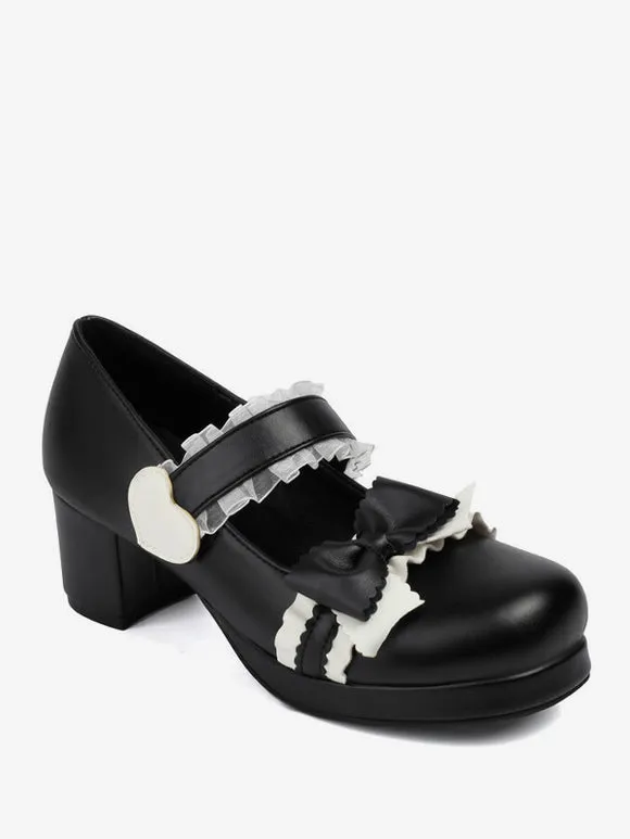 Sweet Lolita Footwear Black Bows PU Leather Chunky Heel Lolita Pumps