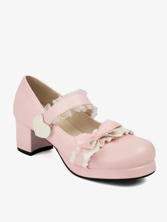 Sweet Lolita Footwear Black Bows PU Leather Chunky Heel Lolita Pumps