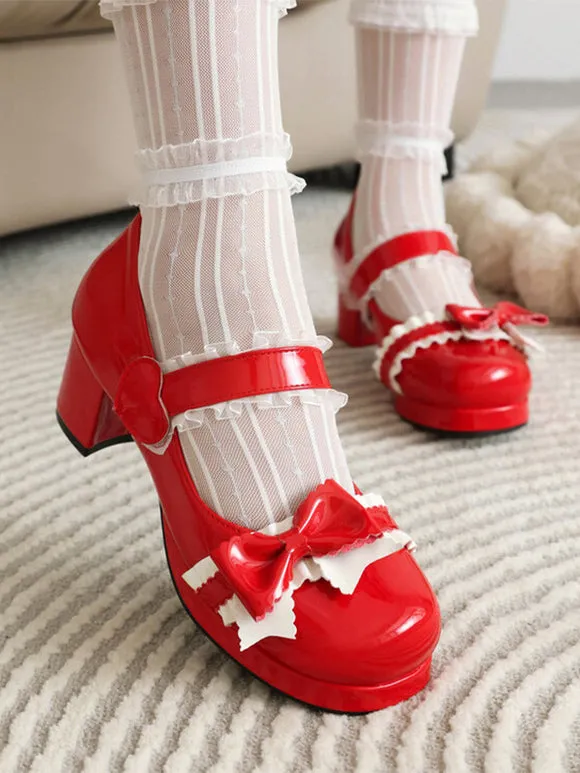 Sweet Lolita Footwear Black Bows PU Leather Chunky Heel Lolita Pumps