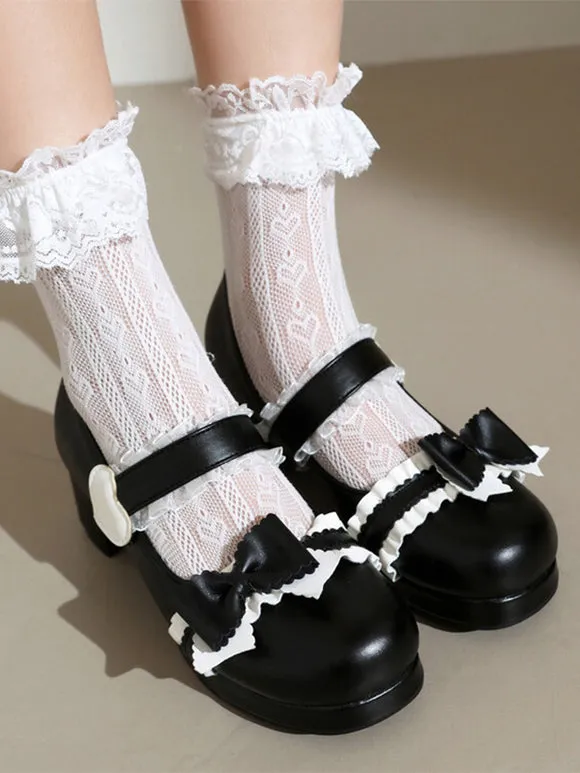 Sweet Lolita Footwear Black Bows PU Leather Chunky Heel Lolita Pumps