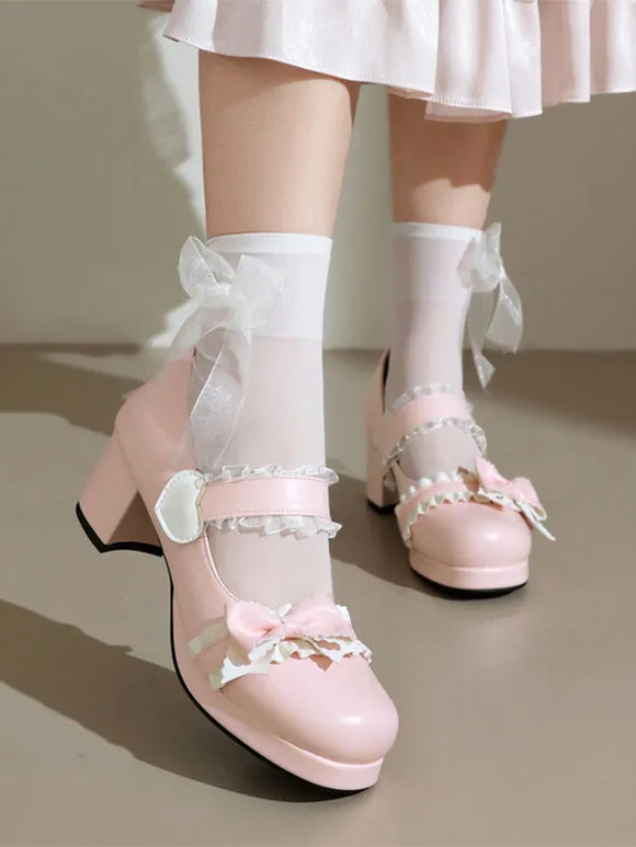 Sweet Lolita Footwear Black Bows PU Leather Chunky Heel Lolita Pumps