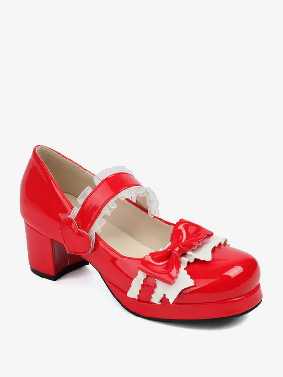 Sweet Lolita Footwear Black Bows PU Leather Chunky Heel Lolita Pumps