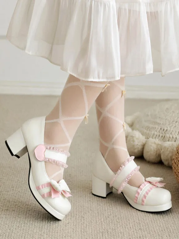 Sweet Lolita Footwear Black Bows PU Leather Chunky Heel Lolita Pumps