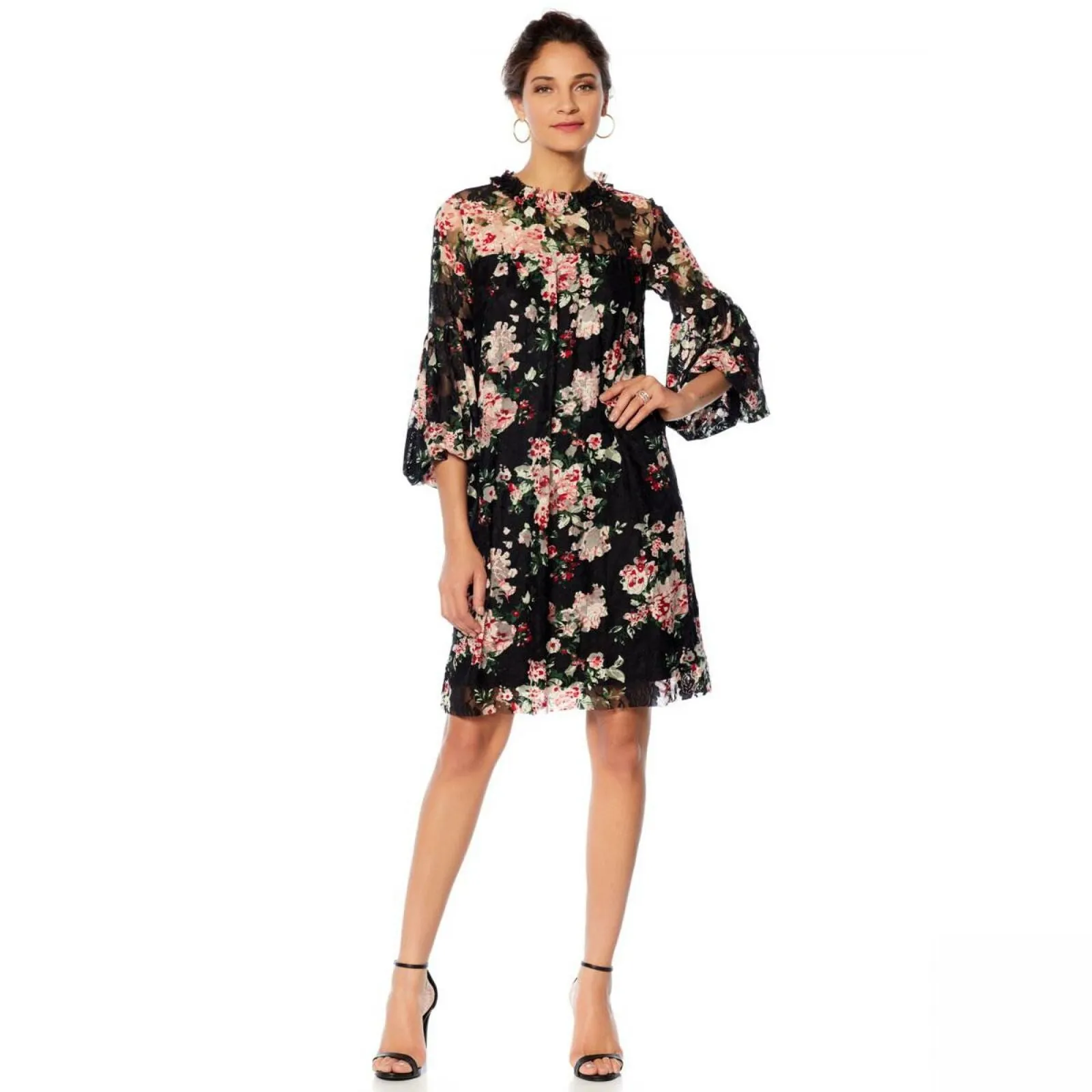 Tash   Sophie Long Sleeve Ruffle Printed Lace Dress Black Floral Medium