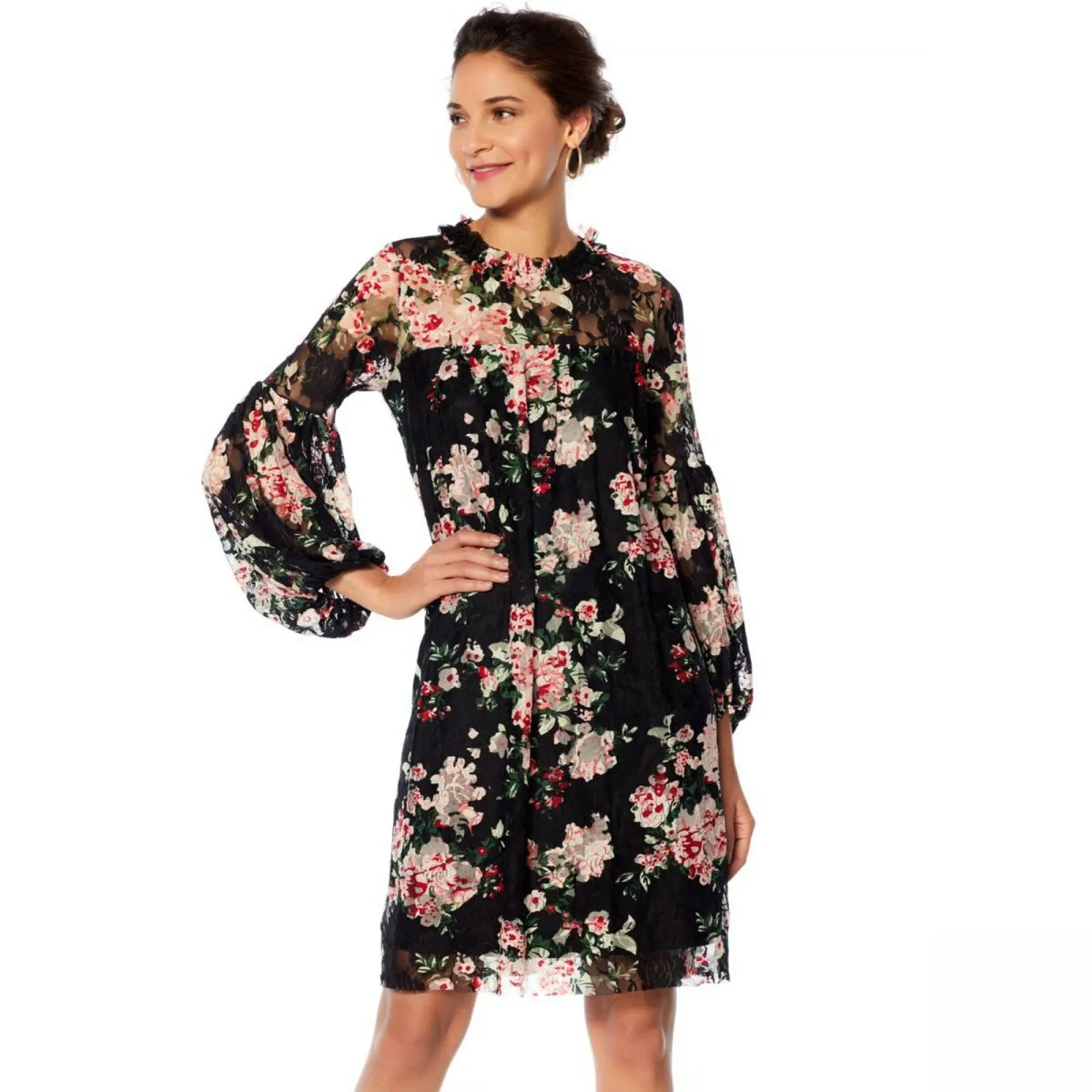 Tash   Sophie Long Sleeve Ruffle Printed Lace Dress Black Floral Medium