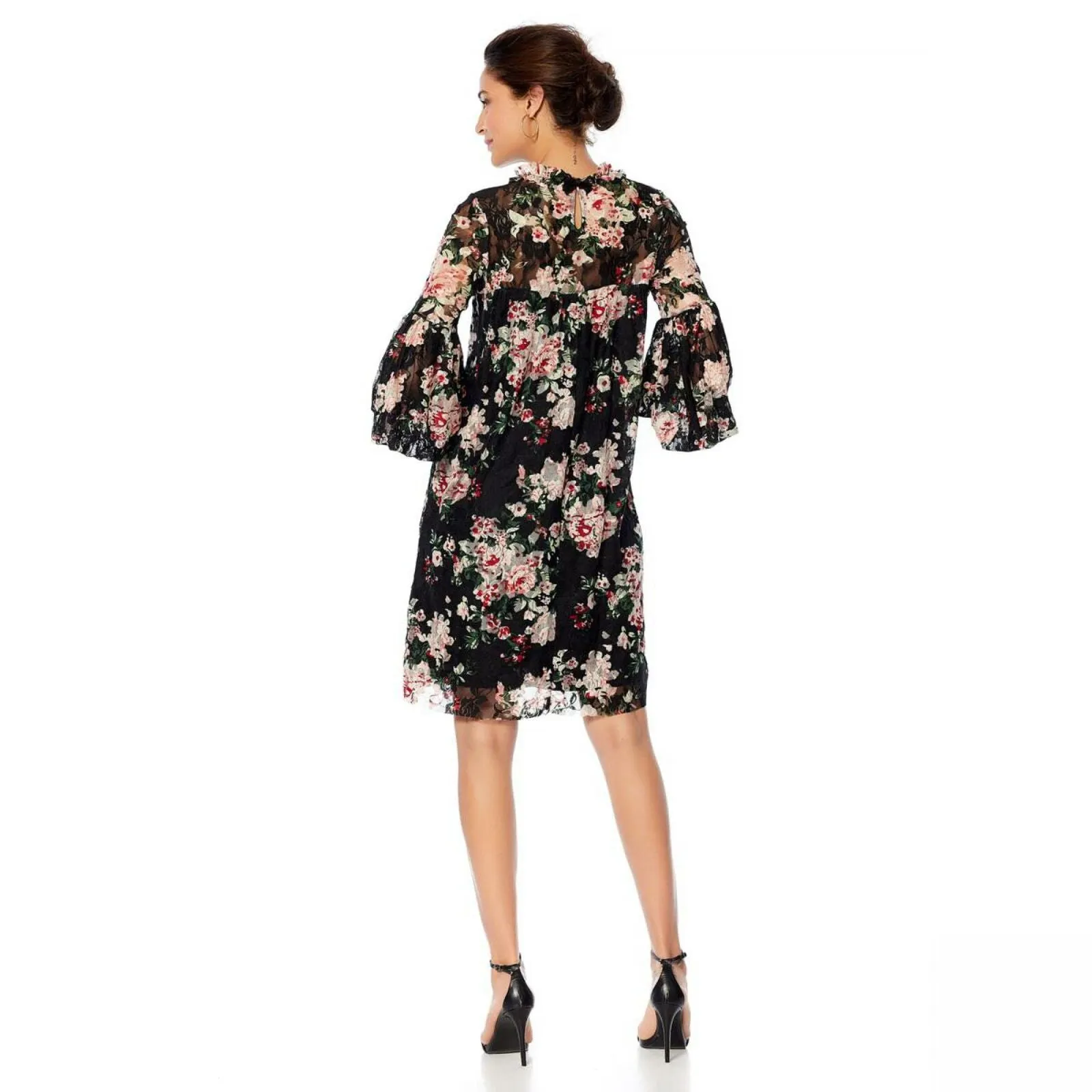 Tash   Sophie Long Sleeve Ruffle Printed Lace Dress Black Floral Medium