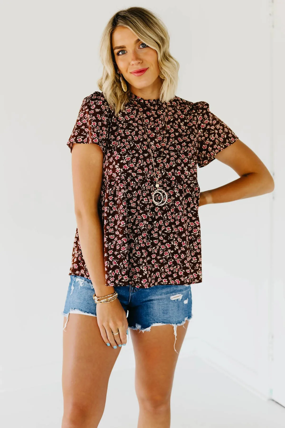 The Norah Ruffle Neck Top - Brown