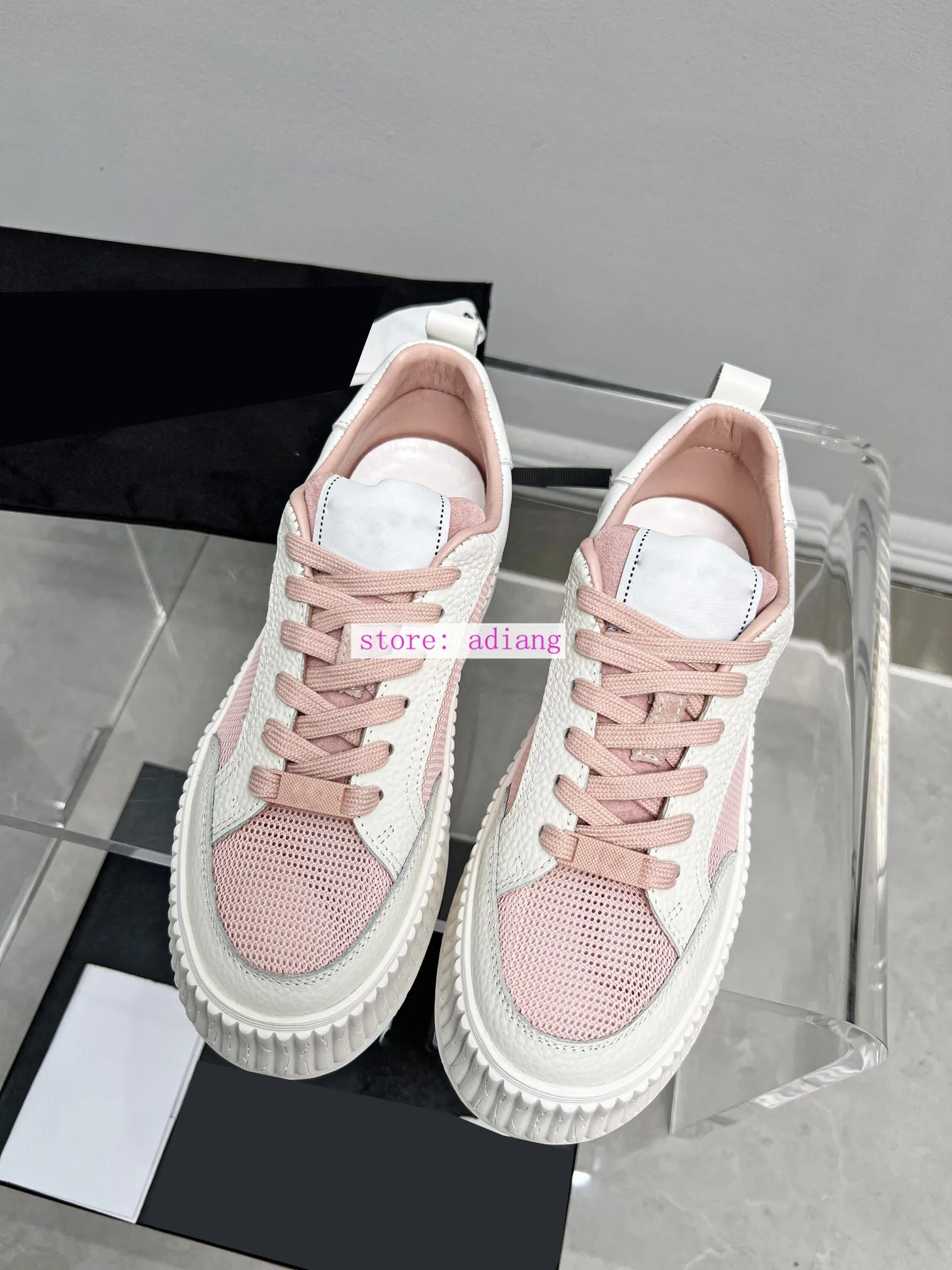 thick heel cow leather mesh casual shoes lace up flats women 2023 35-40 high quality