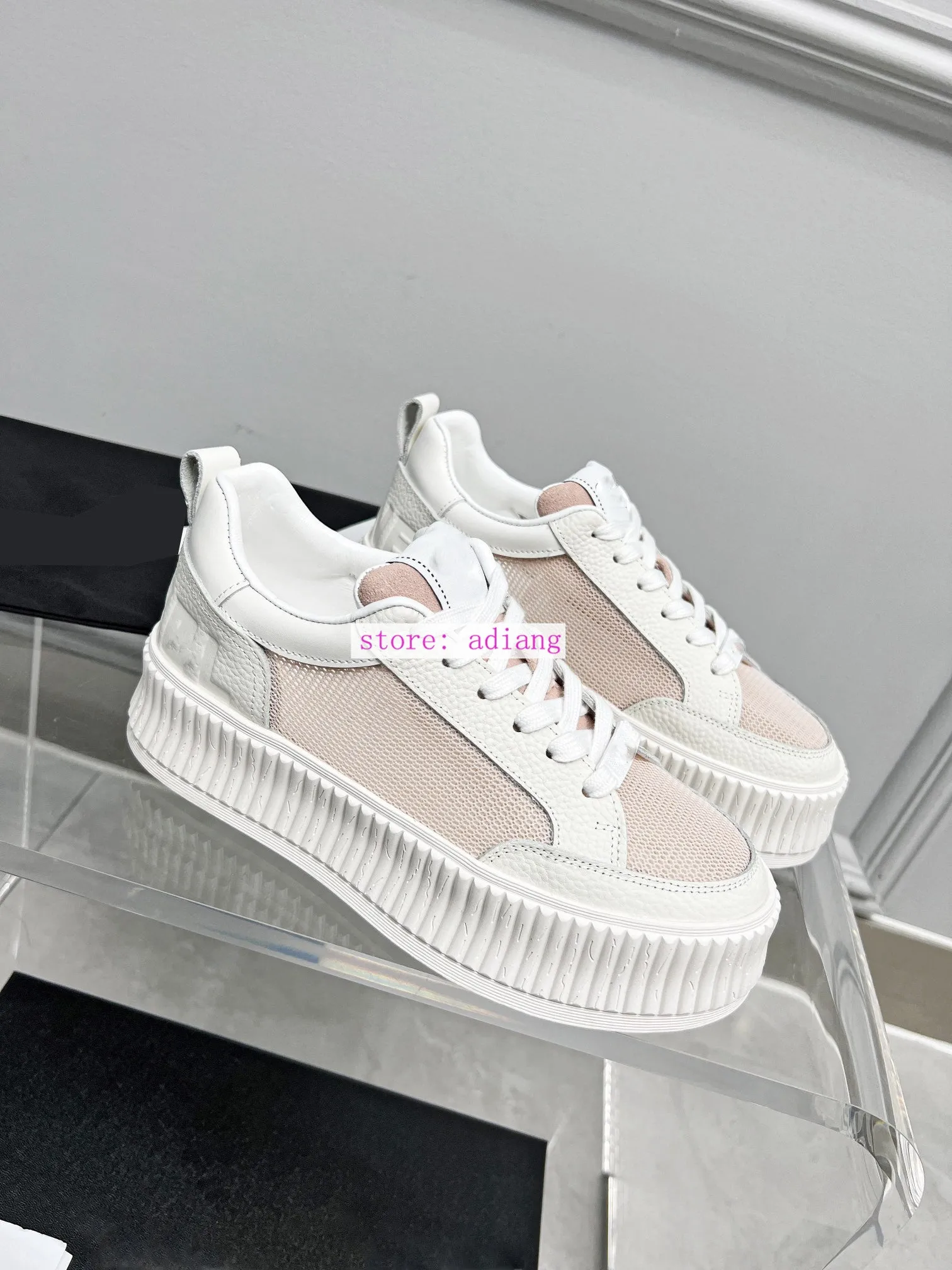 thick heel cow leather mesh casual shoes lace up flats women 2023 35-40 high quality