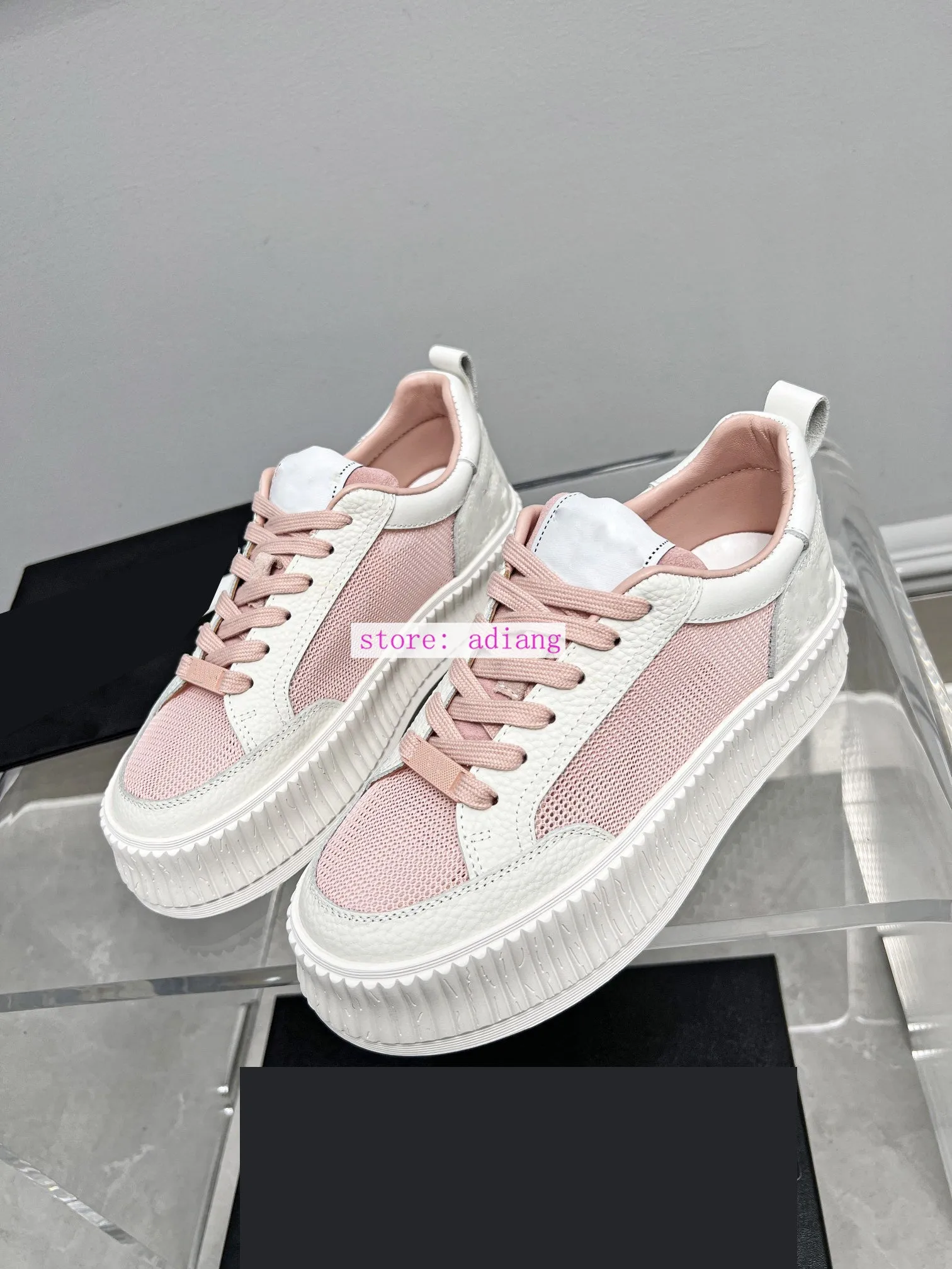 thick heel cow leather mesh casual shoes lace up flats women 2023 35-40 high quality